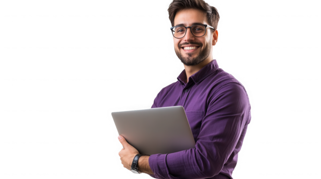 Smiling man with glasses holding a laptop against a black studio background on transparent background
