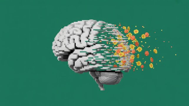 Blooming mind concept pixelated brain exploding into flowers