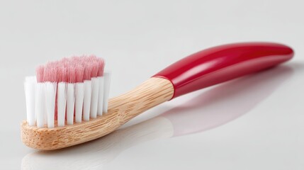 Close Up of a Red Bamboo Toothbrush with White Bristles and Red Paste on a Clean White Background with Soft Lighting