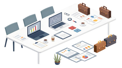 Obraz premium Isometric conference table setup for a corporate meeting featuring laptops, charts, and briefcases isolated on transparent background.