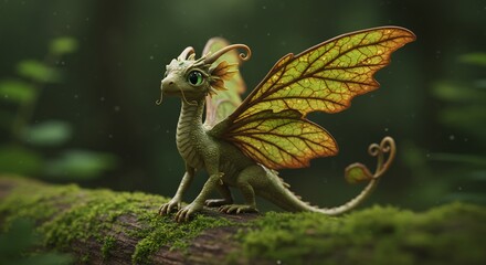 Obraz premium Whimsical forest sprite with delicate leaf wings perched on mossy log illuminated by soft enchanting light. AI Generated