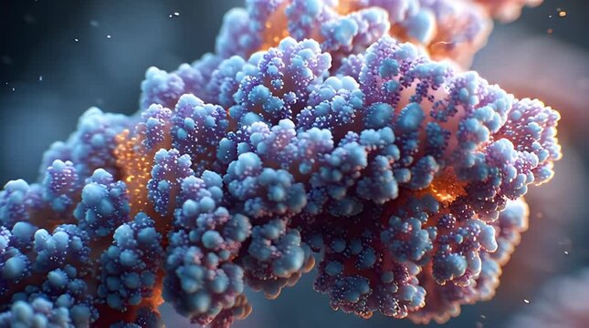 Close-up macro view of vibrant blue and purple coral polyps teeming with life