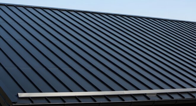 Dark Metal Roof with Ribbed Panels and Gutter System.
