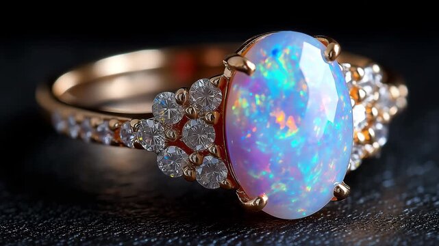 A sophisticated diamond-encrusted opal ring, a rare stone, set on a black velvet backdrop