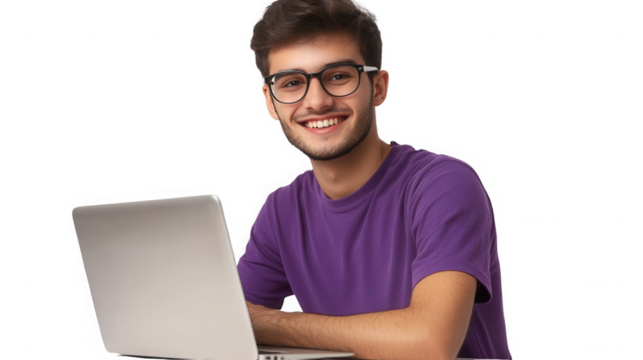 Smiling young man with glasses working on laptop against a on transparent background - Powered by Adobe