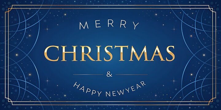 Elegant art deco style merry Christmas and happy new year greeting card with ornate border and golden text on deep blue background.
