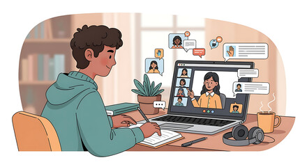 Young student engaged in effective remote learning, actively participating in a dynamic online class via laptop video call from their home study, embodying modern virtual education