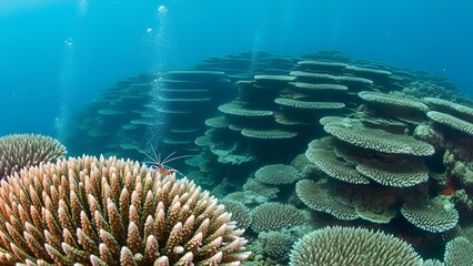 Expansive reef composition showing layered coral terraces descending into the deep. Tiny bubbles rise from a hidden crevice while a small shrimp perches on a coral tip