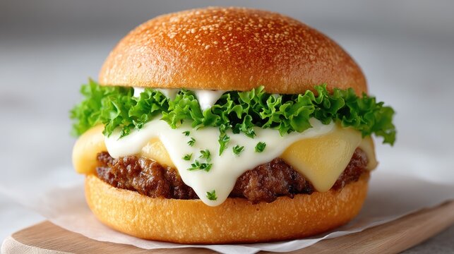 Juicy grilled beef burger with melted cheese fresh lettuce and a golden brown bun presented on a wooden board in a studio setting with soft lighting