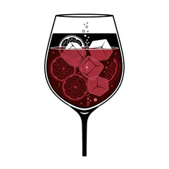 Stylized drawing of a wine glass with red cocktail and fruit isolated on transparent background