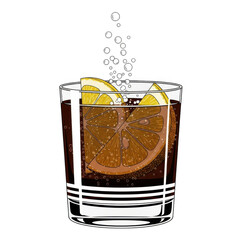 Illustration of a refreshing cola with orange slices and ice isolated on transparent background