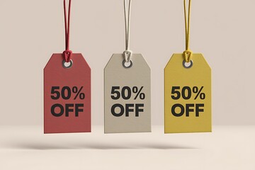 Colorful price tags displaying discount percentages against a clean white background for sales