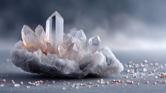 Macro Close Up Of Translucent Ice Crystals Forming A Cluster With Subtle Pink And Orange Hues And Sparkling Glitter Against A Softly Blurred Grey Background With Dramatic Lighting