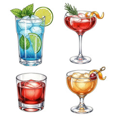 Assortment of colorful cocktails and drinks isolated on transparent background
