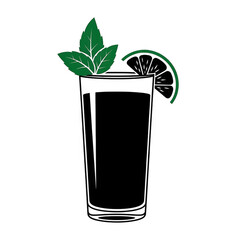 Stylized dark beverage with mint and lime isolated on transparent background