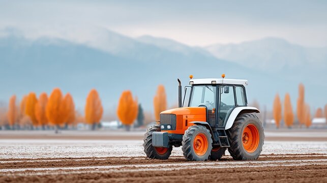 Orange and White Tractor Working in a Ploughed Field with Autumn Trees and Distant Mountains Under a Cloudy Sky