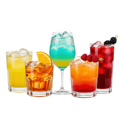 Assortment of colorful cocktails with garnishes on transparent background