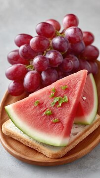Rustic food photography showcasing vibrant red grapes and juicy watermelon slices served on toasted bread with a sprinkle of herbs on a textured grey surface and a natural wood plate