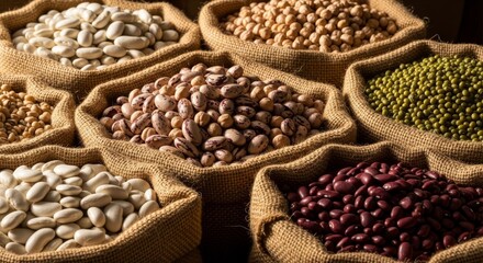 Obraz premium Colorful Array of Dried Beans and Legumes in Sacks