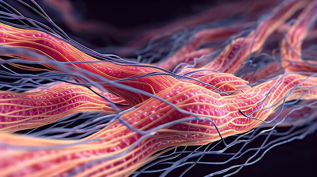 Detailed 3D render of connective tissue fibers in a macro view, showcasing intricate cellular structures