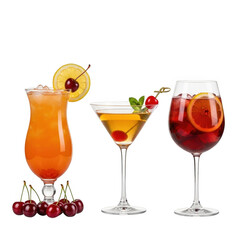 Assortment of colorful cocktails with garnishes isolated on white isolated on transparent background
