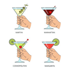 Hands holding various martini glasses with different cocktails isolated on transparent background