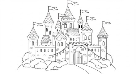Grand fantasy castle outline drawing for kids coloring books with multiple high spires flying flags and a welcoming gate. AI Generated