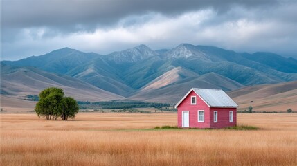 Small Red Farmhouse in Golden Field Under Dramatic Cloudy Sky with Distant Snow Capped Mountains and Evergreen Trees