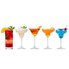 Assortment of colorful cocktails isolated on transparent background