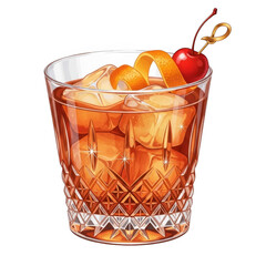 Old fashioned cocktail illustration isolated on transparent background