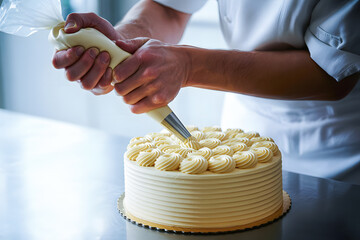 man decorating a cake
