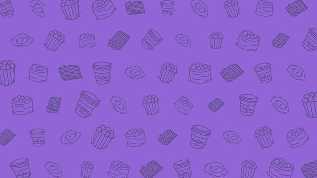 Food pattern animation coffee sushi french fries snacks seamless doodle suitable for restaurant branding, food blogs, menu designs, and culinary content