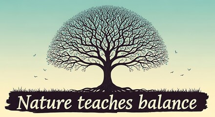 Inspirational nature quote with a large symmetrical tree silhouette.