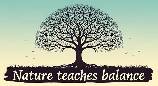 Inspirational nature quote with a large symmetrical tree silhouette.