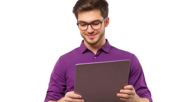 Young man with glasses smiling while looking at a laptop against on transparent background