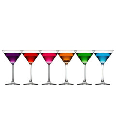 Six colorful martini glasses filled with vibrant cocktails isolated on transparent background