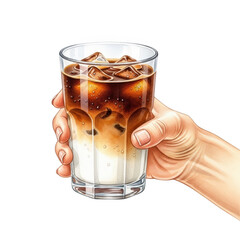 Hand holding a glass of iced coffee with milk and ice isolated on transparent background