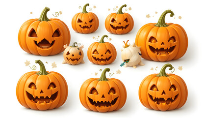 Various sizes and expressions of carved halloween pumpkins, isolated on a white background, ready for spooky season designs
