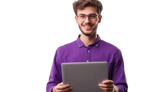 Smiling young man holding laptop computer with positive expression on his face on transparent background