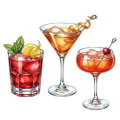 Assortment of sophisticated cocktails on a transparent background
