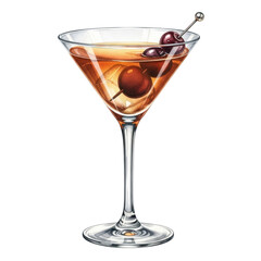 Manhattan cocktail with cherries isolated on transparent background