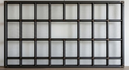 Bold Industrial Black Metal Grid - A Symmetrical Window Frame with a Central Accent Pane.