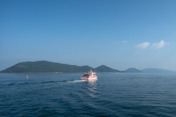 View of islands within Seto Inland Sea, Setonaikai, a strait between Honshu and Shikoku islands of Japan.