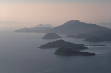 View of islands within Seto Inland Sea, Setonaikai, a strait between Honshu and Shikoku islands of Japan.