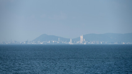 View of islands within Seto Inland Sea, Setonaikai, a strait between Honshu and Shikoku islands of Japan.