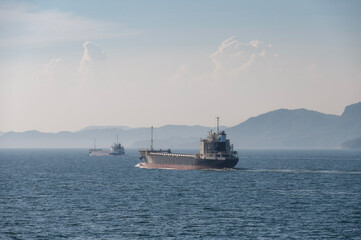 View of islands within Seto Inland Sea, Setonaikai, a strait between Honshu and Shikoku islands of Japan.