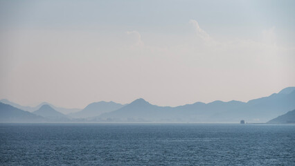 View of islands within Seto Inland Sea, Setonaikai, a strait between Honshu and Shikoku islands of Japan.