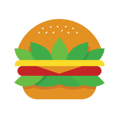 Colorful flat design burger with red tomato and yellow cheese on white background
