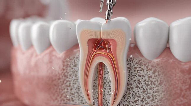Detailed illustration of root canal treatment on a human tooth showing internal anatomy and procedure