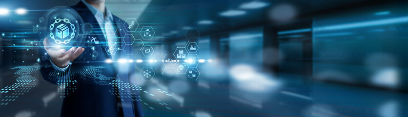 Logistics, tracking and operational efficiency. Manager hold supply chain management inventory...